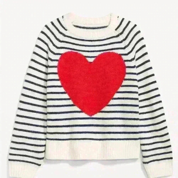 Cropped  Crew-Neck Sweater Navy Stripes/Red Heart size M - Picture 2 of 5